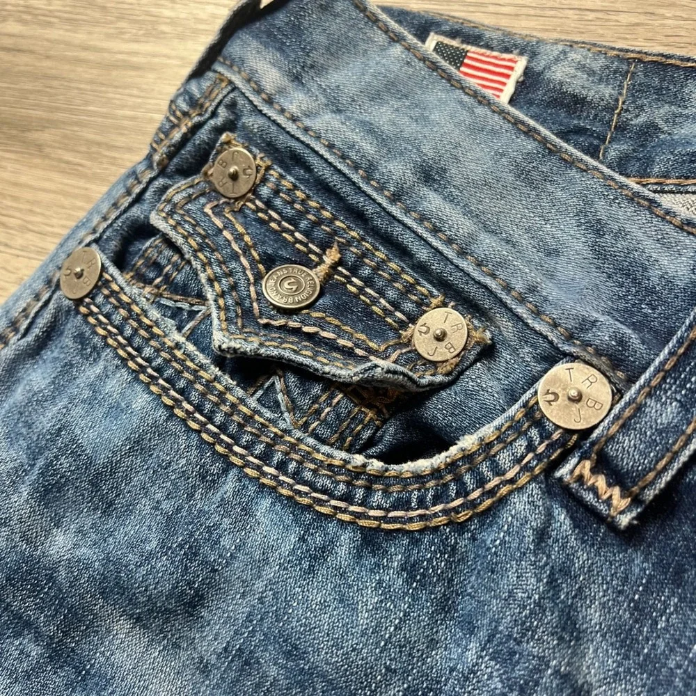 True Religion Ricky Big QT Mens 38 Blue Straight Leg Faded Denim Jeans USA Made